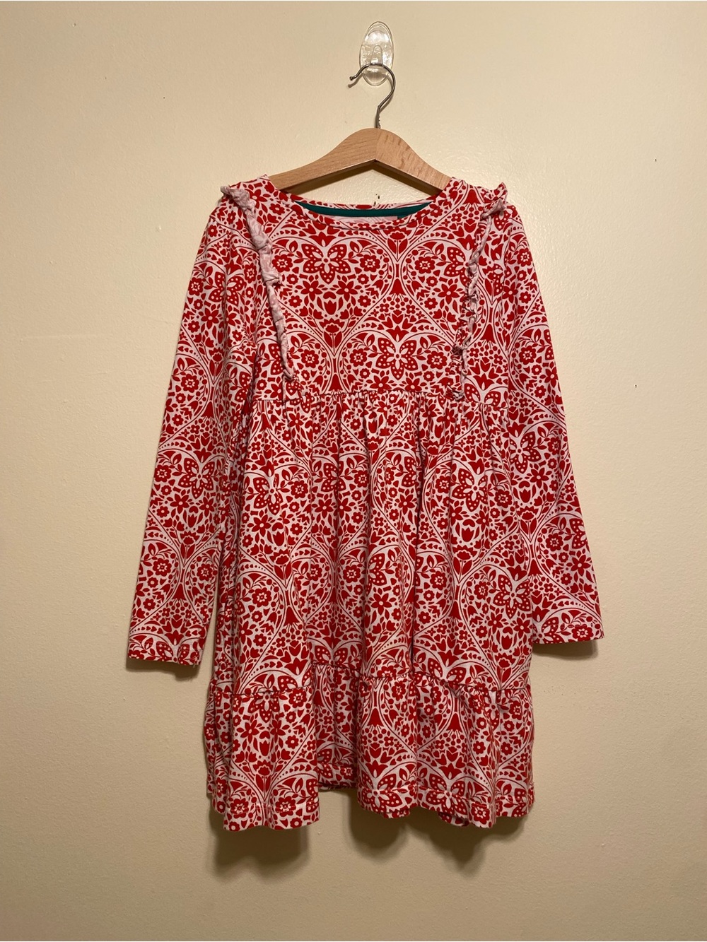 Mini Boden Red and White Patterned Long-Sleeve Dress. Size 7-8 years